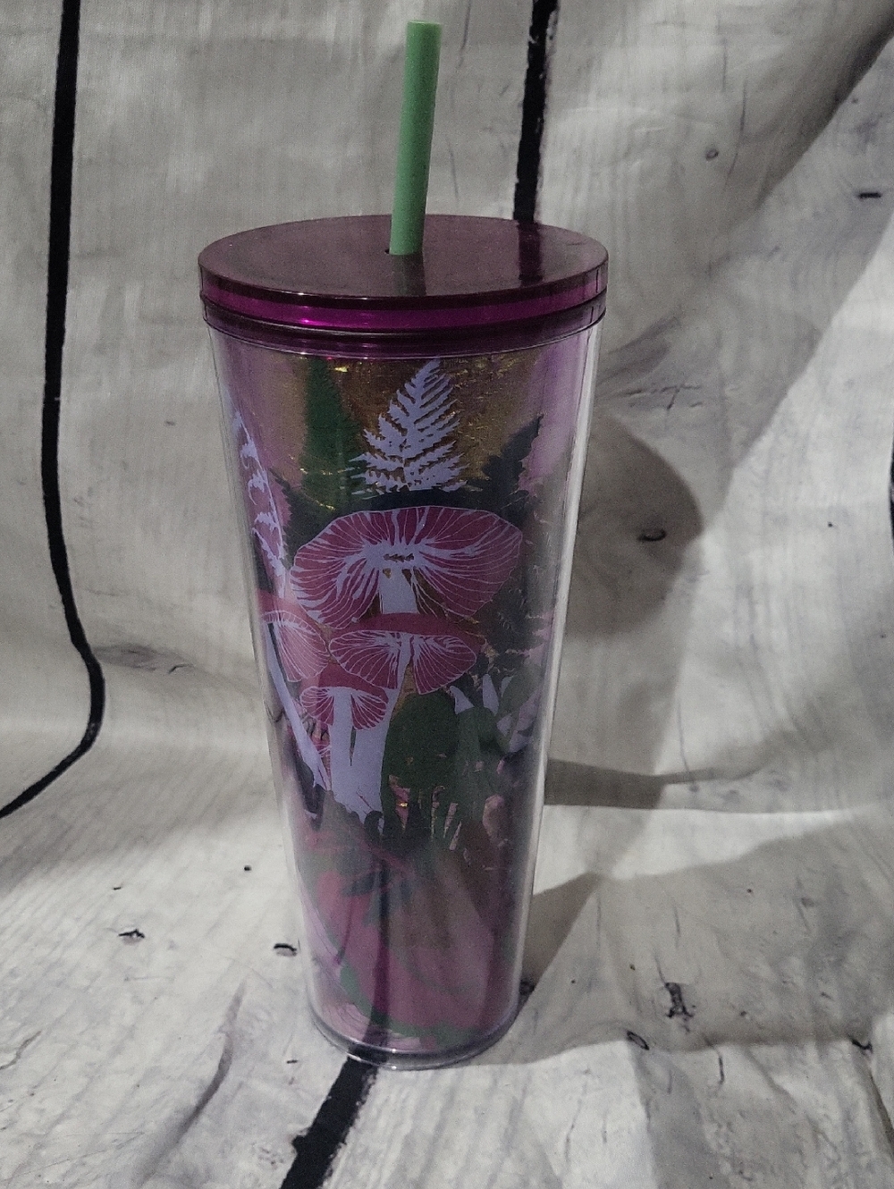 Starbucks Purple Floral Foil Tumbler with Green Straw